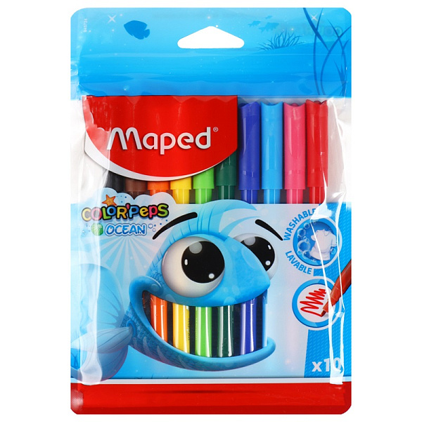 Фломастеры 10 цв. Maped COLOR'PEPS OCEAN с заблокир. пишущим узлом, суперсмываемые, подвес
