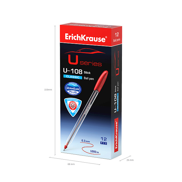 Ручка шариковая ErichKrause U-108 Stick Classic 1.0, Ultra Glide Technology, цвет чернил красный (в коробке по 12 шт.)