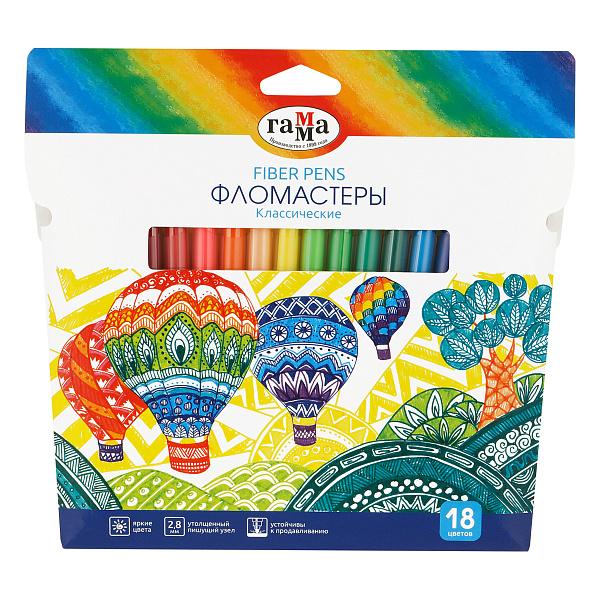 Фломастеры 18 цветов Гамма "Классические", круглые, водная основа, смываемые, картонная упаковка с европодвесом