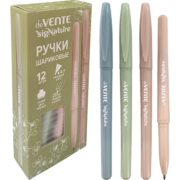 Ручка шариковая 0,7 мм "deVENTE. sigNATURE" СИНЯЯ ультра гладкое письмо, чернила на масляной основе, цветной корпус, рифлёная грип-зона, цвета корпуса ассорти, сменный стержень, индивидуальная маркировка, в картонной коробке