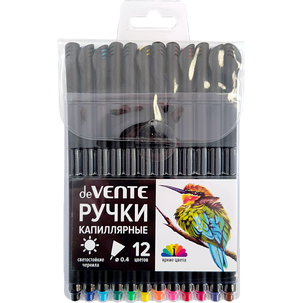 Набор ручек капиллярных "deVENTE. Drops" 12 цветов, d=0,4 мм, с круглым черным корпусом, в пластиковом блистере