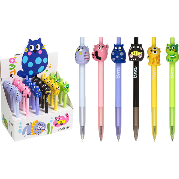 Ручка шариковая автомат. 0,7 мм deVENTE. Cat СИНЯЯ  с декор. элементом,чернила на масл основе инд. марк. 6 дизайнов 