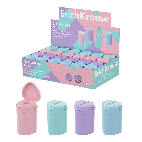 Точилка 1 отв. ErichKrause ClickUp Mini, Pastel, пластиковая, с контейнером, ассорти (в коробке-дисплее по 24 шт)