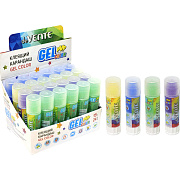 Клеящий карандаш PVP основа "deVENTE. Color Gel" 15 г гелевый цветной полупрозрачный, 4 цвета ассорти (голубой, зеленый, фиолетовый, желтый) в картонном дисплее с пластиковым поддоном