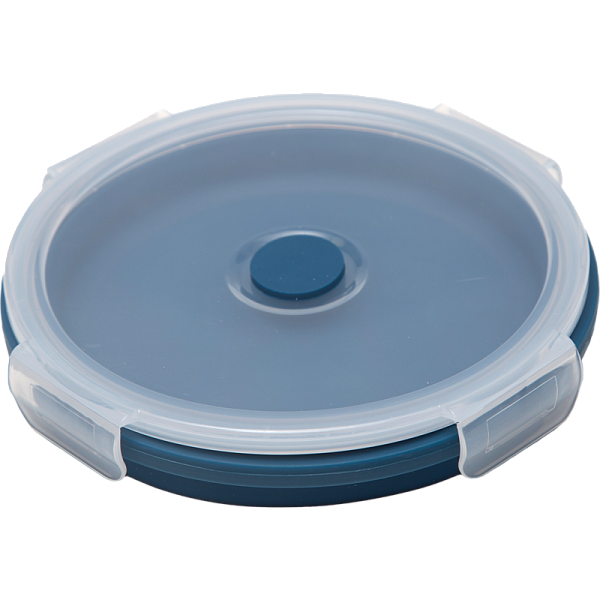 Ланчбокс складной герметичный "deVENTE" темно-синий, круглый, 1200 мл, диаметр 18 см, высота 8 см, в сложенном виде высота 2,5 см, силиконовый, с пластиковой крышкой, с отвестием вентиляции и силиконовой заглушкой