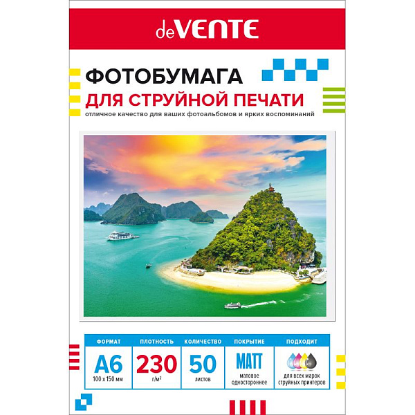 Фотобумага для струйной печати "deVENTE" A6 (10x15 см), 50 л, 230 г/м², матовая односторонняя, в пластиковом пакете с европодвесом