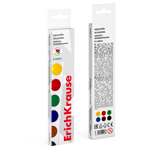 Акварель 6 цветов "Basic" без кисти, мягкий пластик, картонный пенал с европодвесом