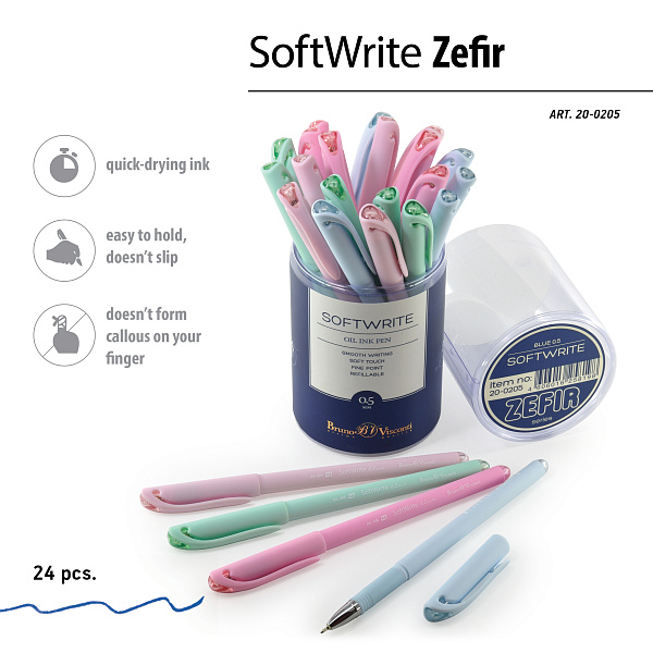 РУЧКА "SoftWrite Zefir" С ЧЕРНИЛАМИ НА МАСЛЯНОЙ ОСНОВЕ 0.5 ММ, СИНЯЯ (4 цвета корпуса) (10129060/050417/0009097/1,КИТАЙ)