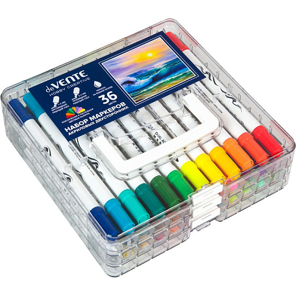 Набор маркеров акриловых "deVENTE. HOBBY CREATIVE. Classic&Pastel" 36 цв. двусторонние (кистевидный 1-5 мм/пулевидный 2-4 мм), круглый корпус, в пластиковой коробке