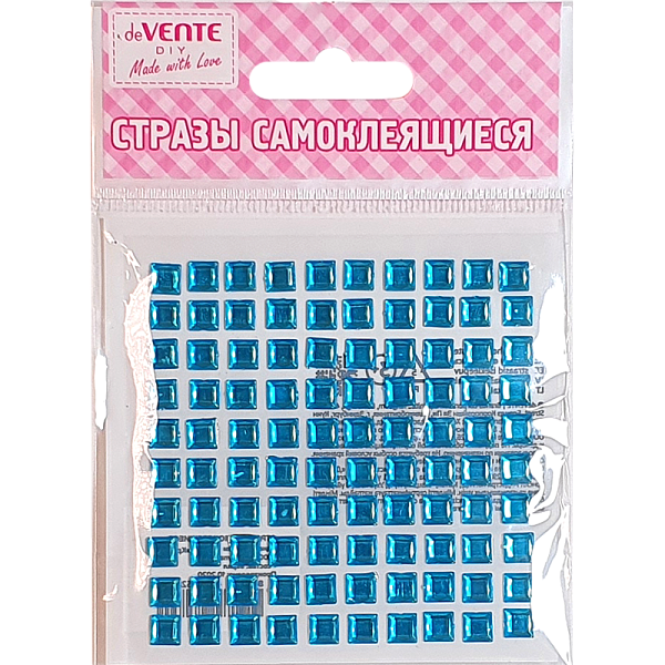 Стразы самоклеящиеся "deVENTE. Square" акриловые, 6 мм, голубые, карточка 86x86 мм, 100 шт в пластиковом пакете с блистерным подвесом