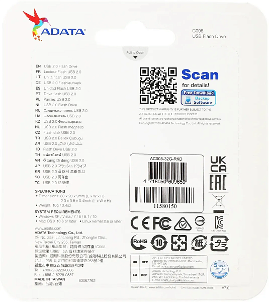 Флеш Диск A-Data 32GB Classic C008 AC008-32G-RKD USB2.0 красный/черный