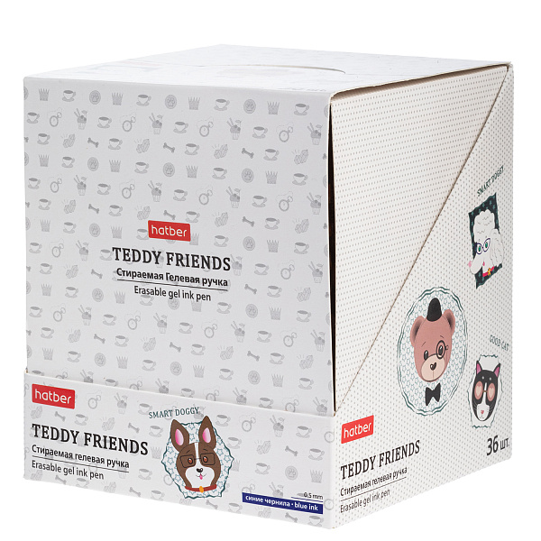 Ручка гелевая автомат. 0,5 мм Hatber Teddy Friends/Друзья Тедди Синяя Стираемая  36 шт в карт. Мини-Дисплее