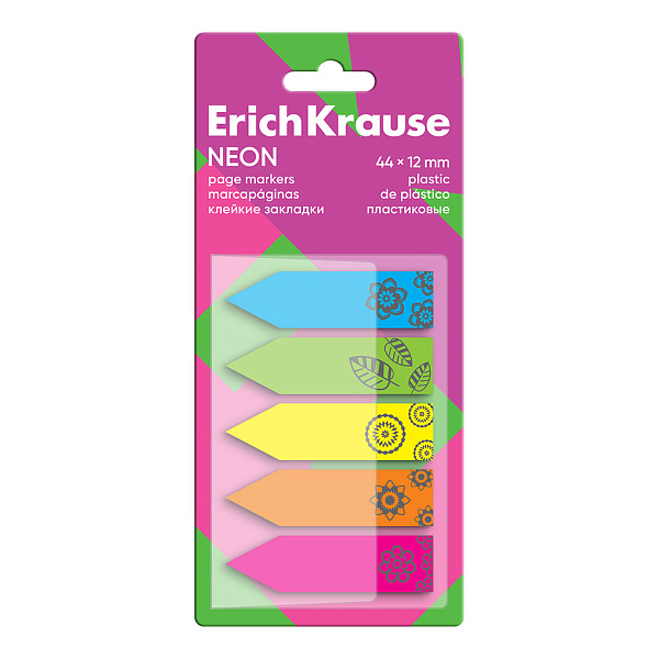 Закладки пластиковые ErichKrause Neon, 44x12 мм, 100 листов, 5 цветов