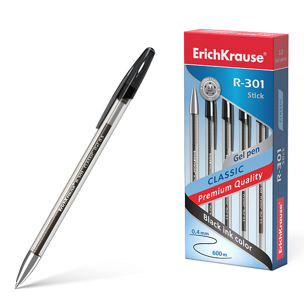 Ручка гелевая 0,5 мм ErichKrause R-301 Gel Stick Classic ЧЕРНАЯ