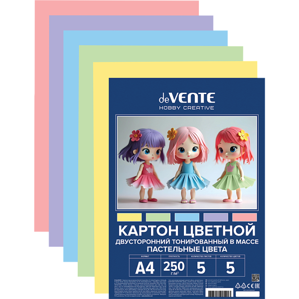 Картон цветной тонированный двусторонний A4 "deVENTE. HOBBY CREATIVE" 250 г/м², 5 цв, 5 л, пластиковый пакет с европодвесом, пастельные цвета