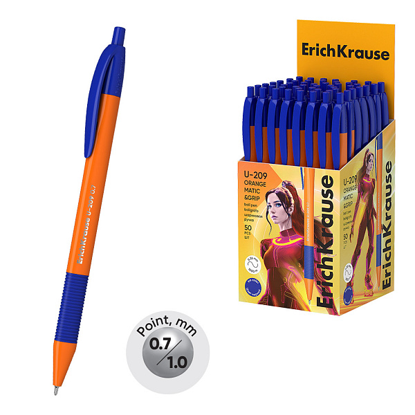 Ручка шариковая автомат. ErichKrause U-209 Matic&Grip Orange 0.7, Ultra Glide Technology, СИНЯЯ (в коробке по 50 шт.)