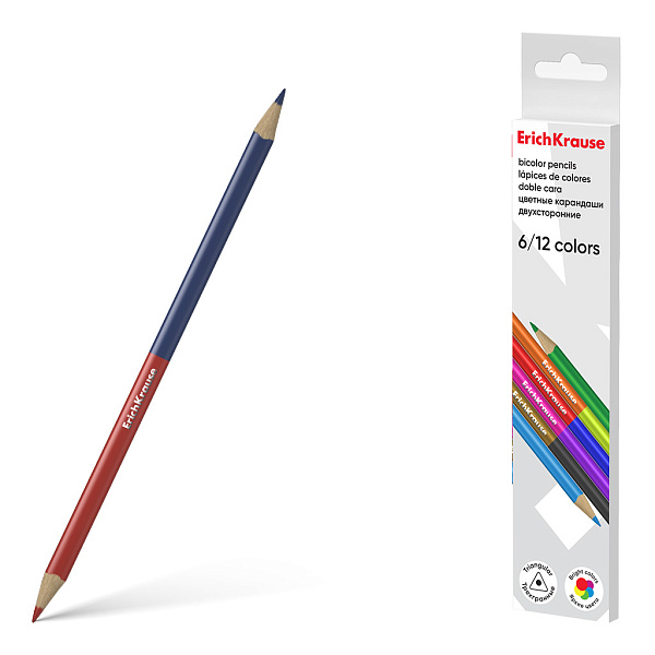 Карандаши 12 цв. ErichKrause Bicolor 6 шт. трехгранные двусторонние, деревянные (в коробке с европодвесом )