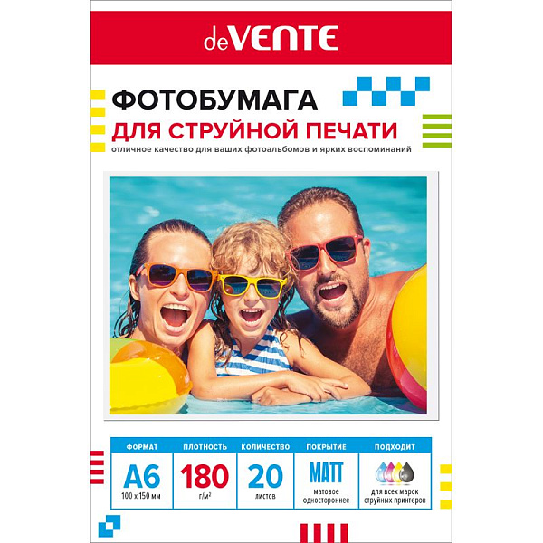 Фотобумага для струйной печати "deVENTE" A6 (10x15 см), 20 л, 180 г/м², матовая односторонняя, в пластиковом пакете с европодвесом