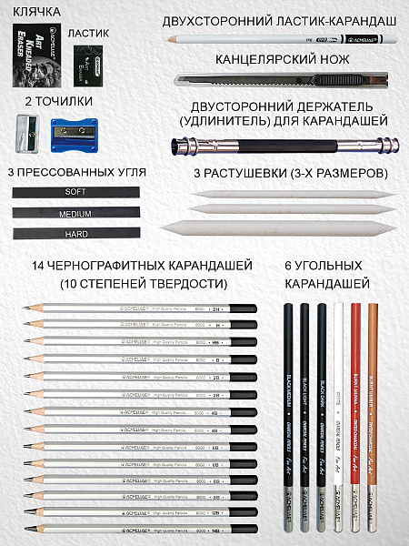 Набор для рисования и скетчинга ACMELIAE ArtMate 33 предмета, в металлическом футляре,