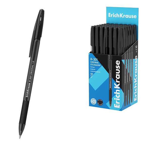 Ручка шариковая ErichKrause R-301 Stick&Grip Original 1.0, ЧЕРНАЯ
