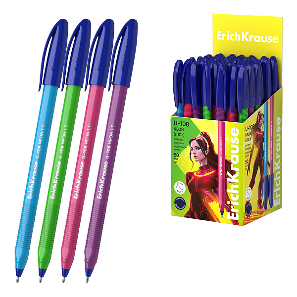 Ручка шариковая ErichKrause U-108 Stick Neon 1.0, Ultra Glide Technology, СИНЯЯ (в коробке по 50 шт.)