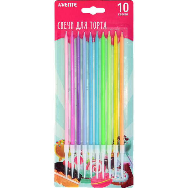 Набор свечей для торта "deVENTE. Rainbow" 10 свечек 15x0,42 см, 10 пластиковых держателей, в цветах радуги, в картонном блистере с европодвесом