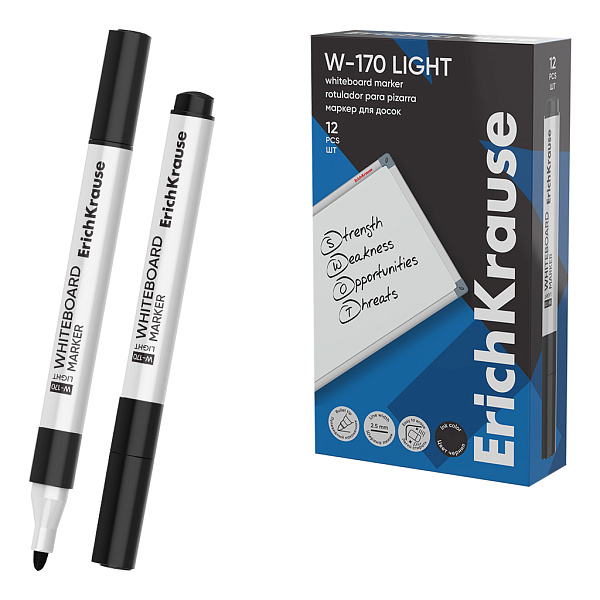 Маркер для доски ErichKrause W-170 light, цвет чернил черный (в коробке по 12 шт.)