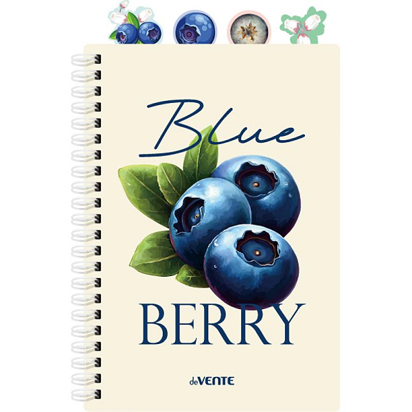 Тетрадь 80 листов в клетку на гребне с разделителями "deVENTE. Fruits. Blueberry" А5 (145x208 мм) пластиковая обложка, белая бумага 70 г/м², цветная печать, 4 пластиковых разделителя с фигурной вырубкой и дизайном, термоусадочная пленка
