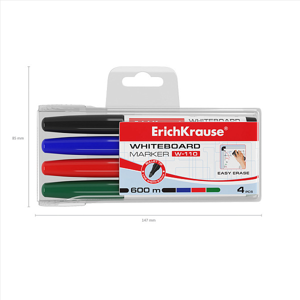 Маркер для досок ErichKrause® W-110, цвет чернил: черный, синий, красный, зеленый (в футляре по 4 шт.)