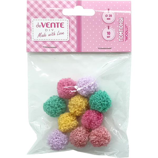 Набор помпонов для творчества "deVENTE. Woolly" 20 мм, 10 шт, в пластиковом пакете с блистерным подвесом, цвета ассорти