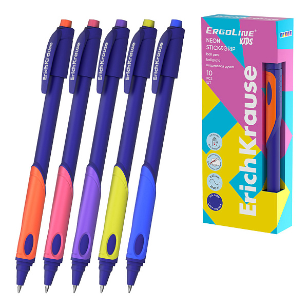 Ручка шариковая  ErichKrause ErgoLine® Kids для левшей Stick&Grip Neon 0.5, Super Glide Technology, СИНЯЯ