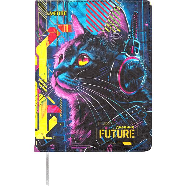 Дневник 1-11 кл. 48 л. "deVENTE. Label. Cyber Cat" тв.обложка из искусственной антивандальной кожи с поролоном, цветная печать, отстрочка, 1 ляссе белая бумага 80 г/м², печать в 1 краску,