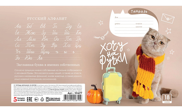 Тетрадь 18 листов в линию "Котики" обложка из мелованного картона(200 г/м²) блок офсет 60 г/м², 92%, микс 5 вид