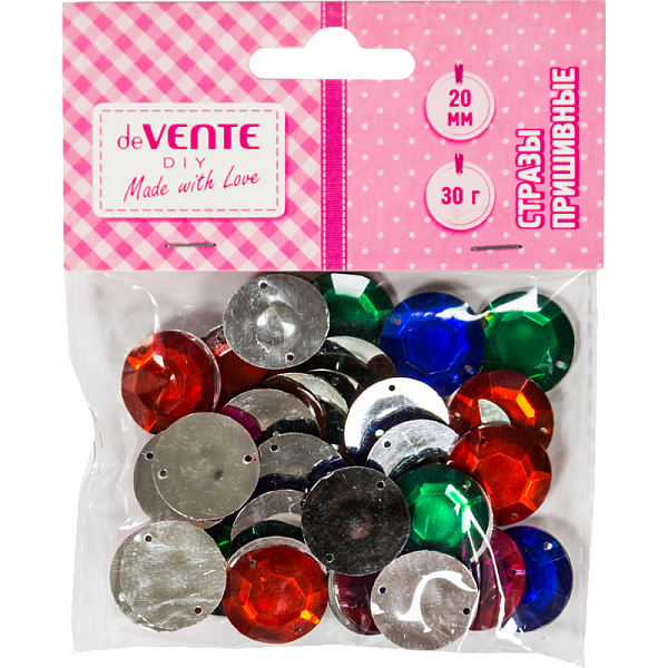 Стразы пришивные "deVENTE. Круглые"акриловые, 20 мм, 30 г, цвет ассорти в пластиковом пакете с блистерным подвесом