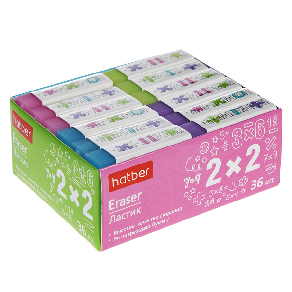Ластик Hatber "2x2", прямоугольный, PVC, ассорти