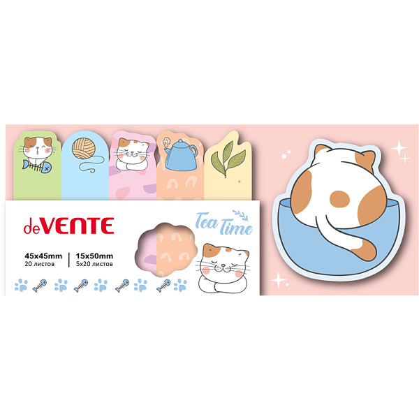 Закладки бумажные "deVENTE. Lazy cat" 45x45 мм и 15x50 мм, 6x20 листов, офсет 80 г/м², печать 4+0, ассорти форм, 6 дизайнов, в пластиковом пакете с европодвесом