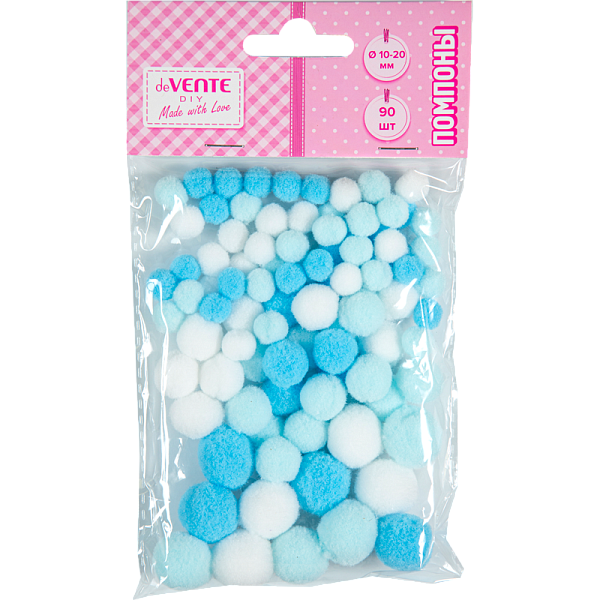 Набор помпонов для творчества "deVENTE. DIY" 90 шт, ассорти (10 мм - 54 шт, 15 мм - 24 шт, 20 мм - 12 шт) в пластиковом пакете с блистерным подвесом, оттенки голубого цвета