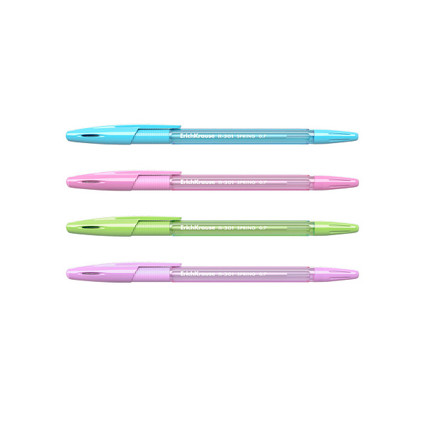 Набор из 4 ручек шариковых ErichKrause R-301 Stick&Grip Spring 0.7, цвет чернил синий (в пакете)