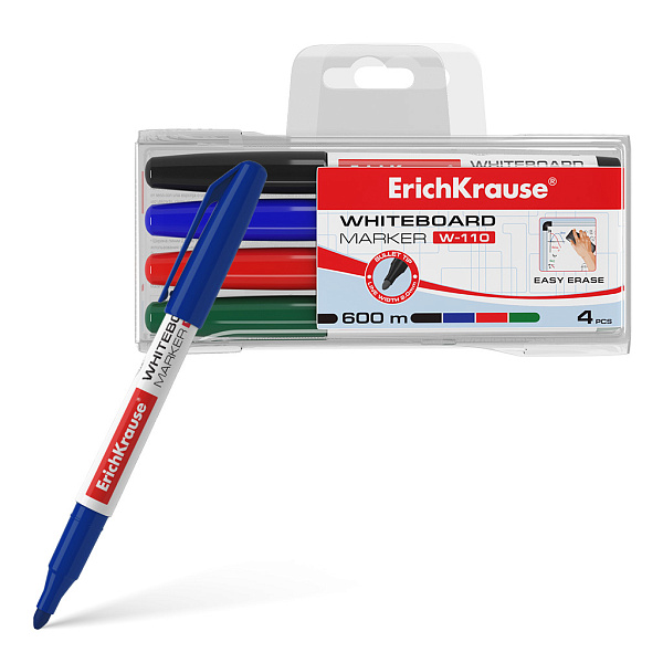 Маркер для досок ErichKrause® W-110, цвет чернил: черный, синий, красный, зеленый (в футляре по 4 шт.)