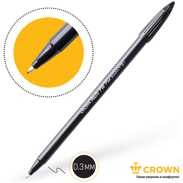 Ручка капиллярная 0,3 мм Crown "MultiPla", круглая форма, чёрные чернила