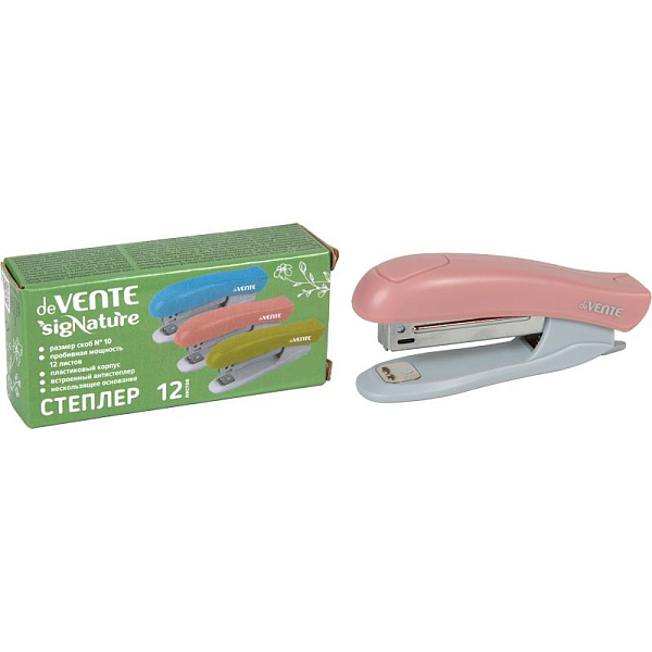 Степлер на 12 л. №10 "deVENTE. sigNATURE" цвет пудрово-розовый (глубина скрепления 45 мм) пластиковый, со встроенным антистеплером, в картонной коробке,