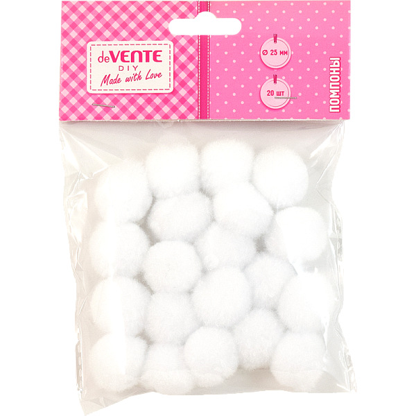 Набор помпонов для творчества "deVENTE" 25 мм, 20 шт, цвет белый, в пластиковом пакете с блистерным подвесом