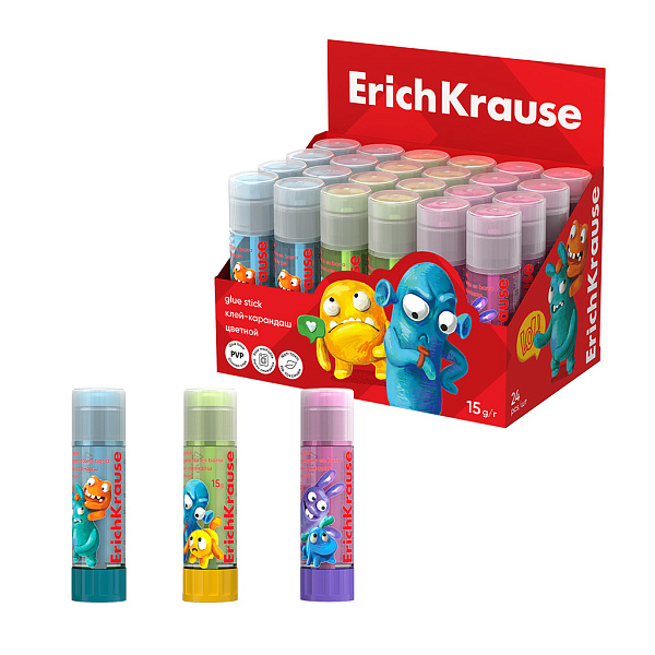 Клей-карандаш 15 г ErichKrause EasyStick Jolly Friends, цветной 
