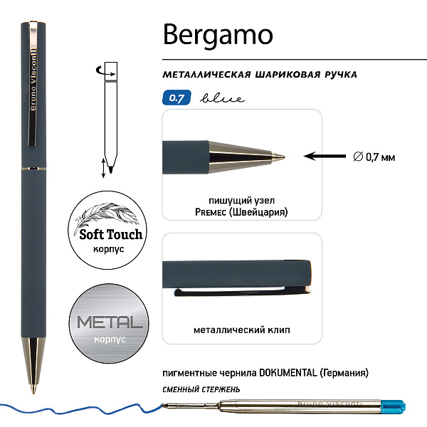 РУЧКА "BERGAMO" В ПОДАРОЧНОМ ФУТЛЯРЕ, 1.0 ММ, СИНЯЯ (корпус синий, футляр черный) (10013070/030718/0024204/1, КИТАЙ)