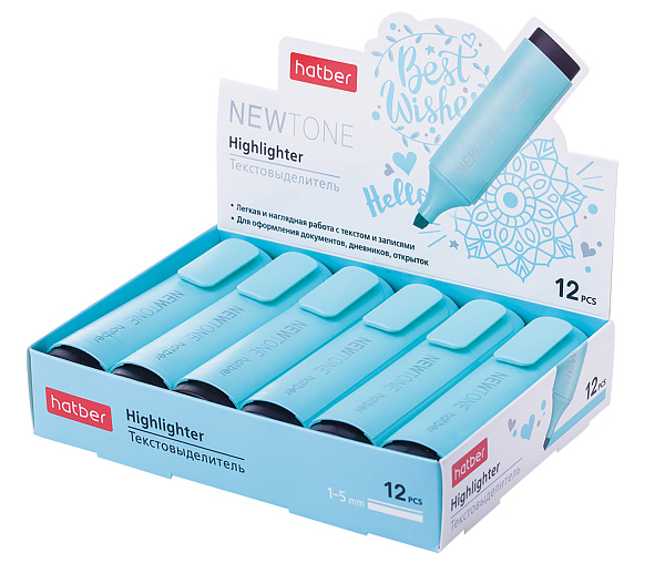 Маркер-текстовыделитель Hatber NEWtone PASTEL клиновидный пишущий узел Бирюзовый 12шт. в картонной Дисплей-витрине
