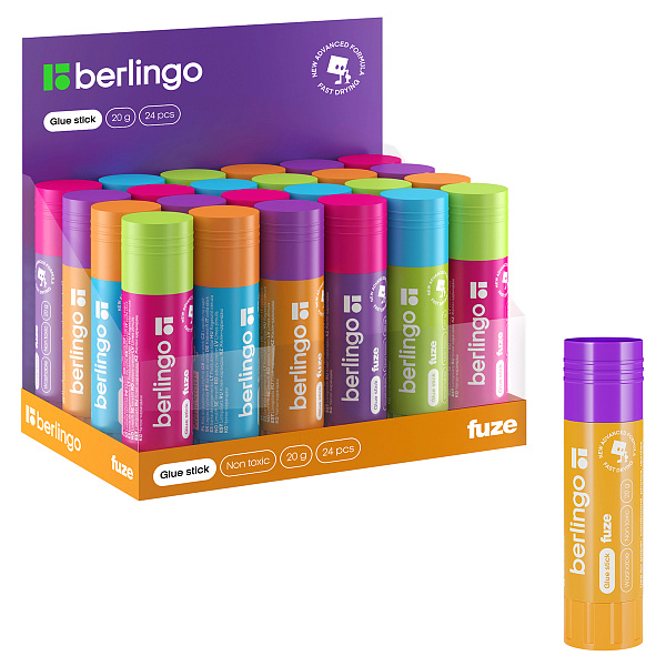 Клей-карандаш ПВП 20г Berlingo "Fuze", белый, микс