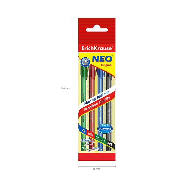 Набор из 4 ручек шариковых ErichKrause Neo® Stick Original 0.7, Super Glide Technology, цвет чернил: син, черн, красн, зел (в пакете)