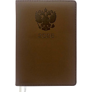 Ежедневник 2026 "deVENTE. Emblem" A5 (145 ммx205 мм) 336 стр, коричневый, кремовая бумага 70 г/м², печать в 2 краски, твердая обложка из искусственной кожи с поролоном, отстрочка, термо тиснение, перфорация, закругленные уголки, 2 ляссе, в термоусадо