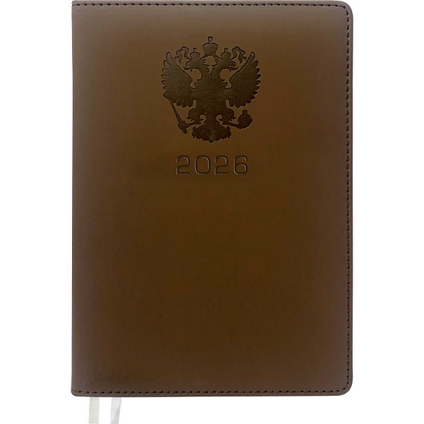 Ежедневник 2026 "deVENTE. Emblem" A5 (145 ммx205 мм) 336 стр, коричневый, кремовая бумага 70 г/м², печать в 2 краски, твердая обложка из искусственной кожи с поролоном, отстрочка, термо тиснение, перфорация, закругленные уголки, 2 ляссе, в термоусадо