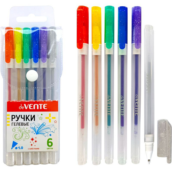 Набор ручек гелевых 6 шт."deVENTE. Hit Glitter" 6 цветов с блёстками, d=1 мм, прозрачно-матовый корпус,смен.стерж. в блистере
